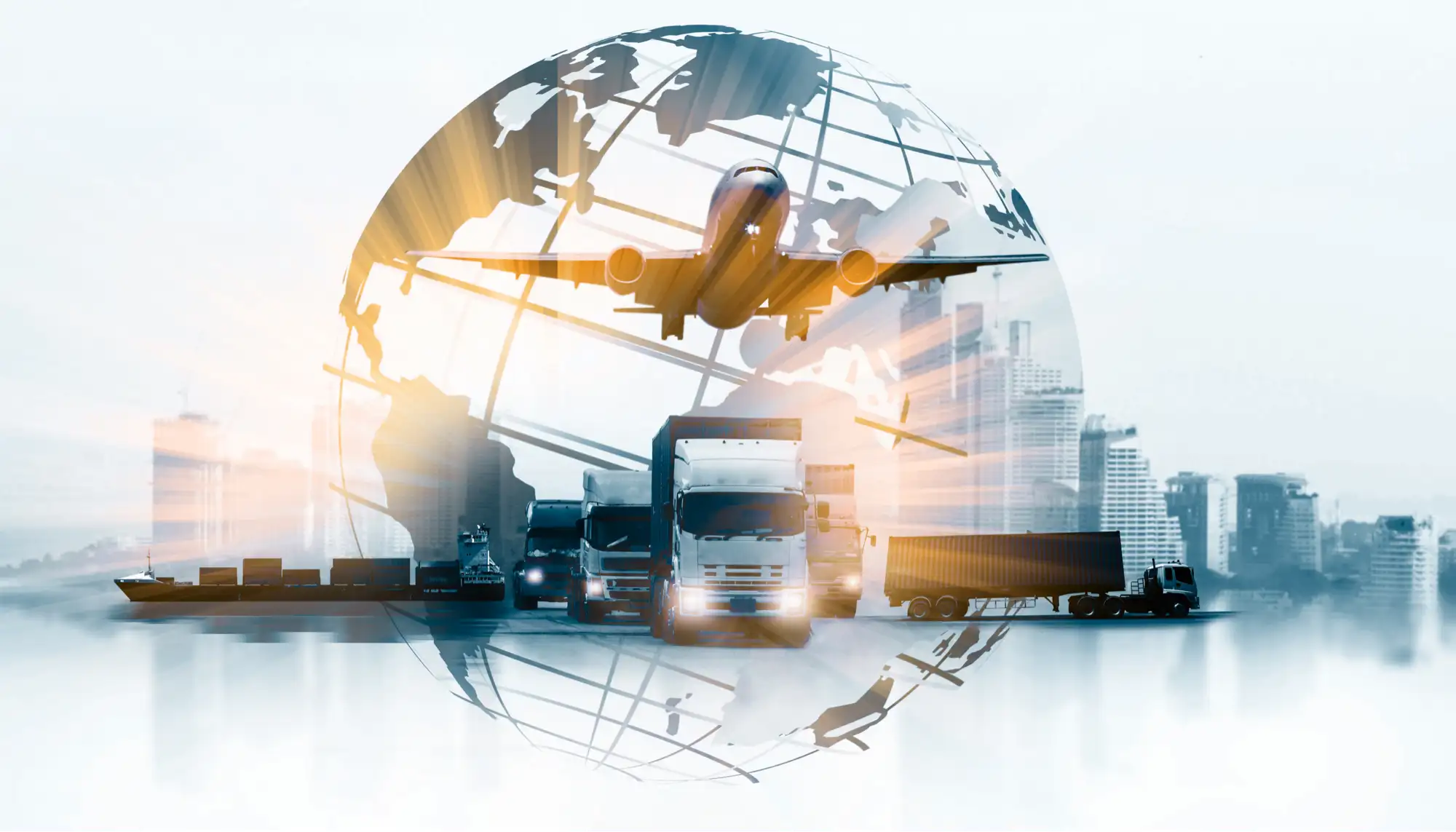 Global freight network illustration with trucks, ship and aircraft over a city skyline